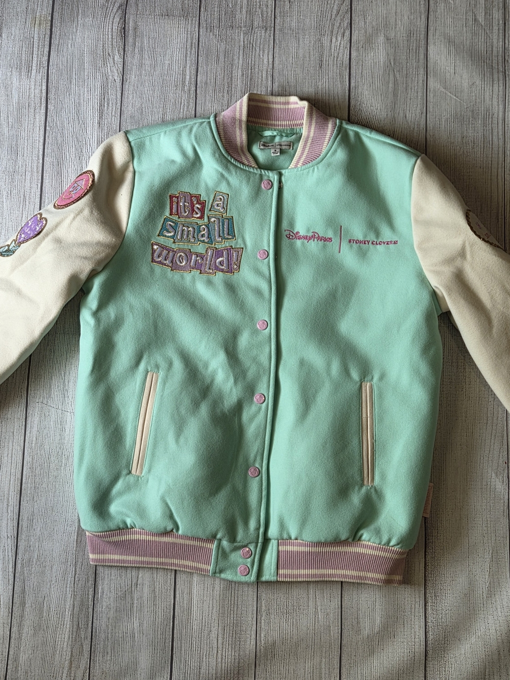 Stoney Clover Lane Mint Green and Cream Varsity Jacket with Pink Trim
